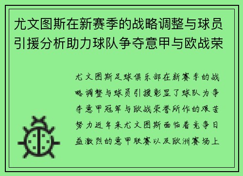 尤文图斯在新赛季的战略调整与球员引援分析助力球队争夺意甲与欧战荣誉
