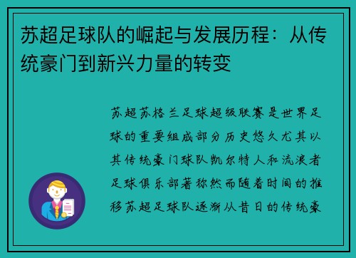 苏超足球队的崛起与发展历程：从传统豪门到新兴力量的转变