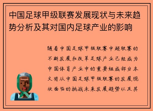 中国足球甲级联赛发展现状与未来趋势分析及其对国内足球产业的影响