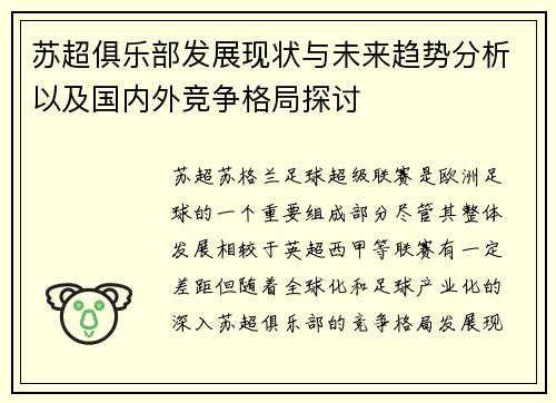 苏超俱乐部发展现状与未来趋势分析以及国内外竞争格局探讨