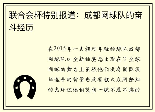 联合会杯特别报道：成都网球队的奋斗经历