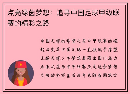 点亮绿茵梦想：追寻中国足球甲级联赛的精彩之路